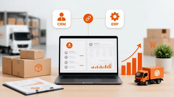 Ilustración de un CRM y un ERP conectados entre sí, sobre un almacén de distribución