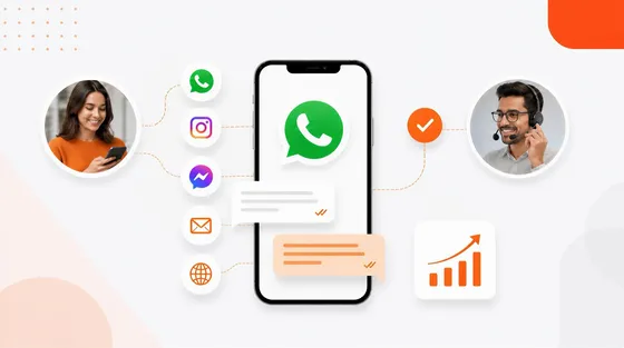 Ilustración de WhatsApp, Instagram y Messenger llegando a un mismo punto de atención
